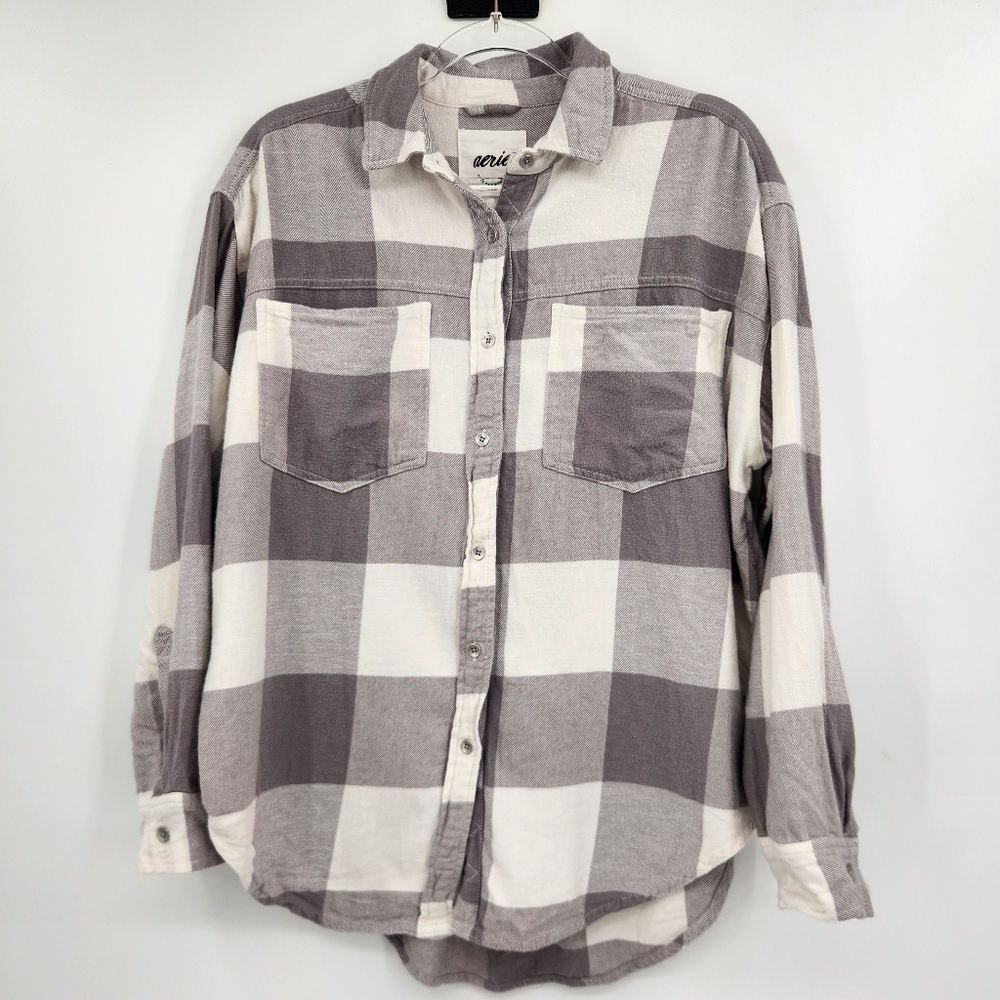 Aerie Lumber Jane Plaid Flannel Shirt Womens Size XS Gray White Oversized